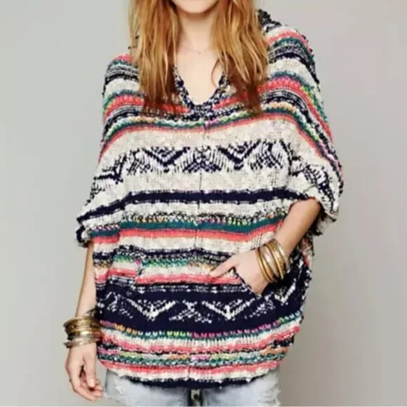 Free People Tops - Free People Bubble Tea Southwestern Drop Sleeve Poncho Style Hooded Sweater M/L